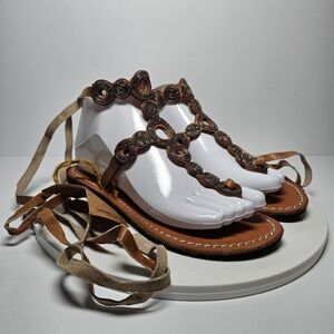 Brown Beaded T-Strap Sandals with Lace-Up Ankle Tie